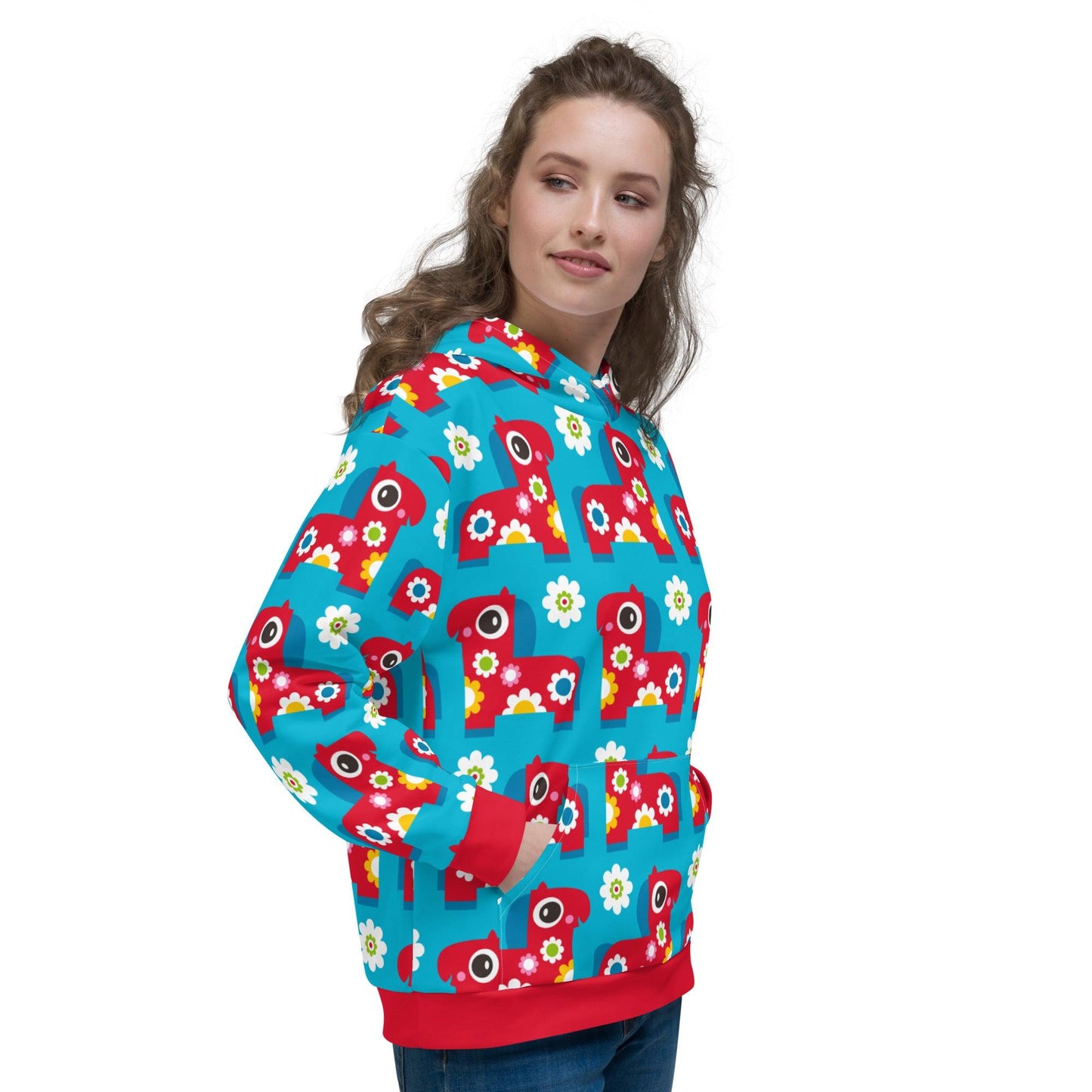 Hoodie - PONY BLOOM turquoise - Happy ponies and flowers print