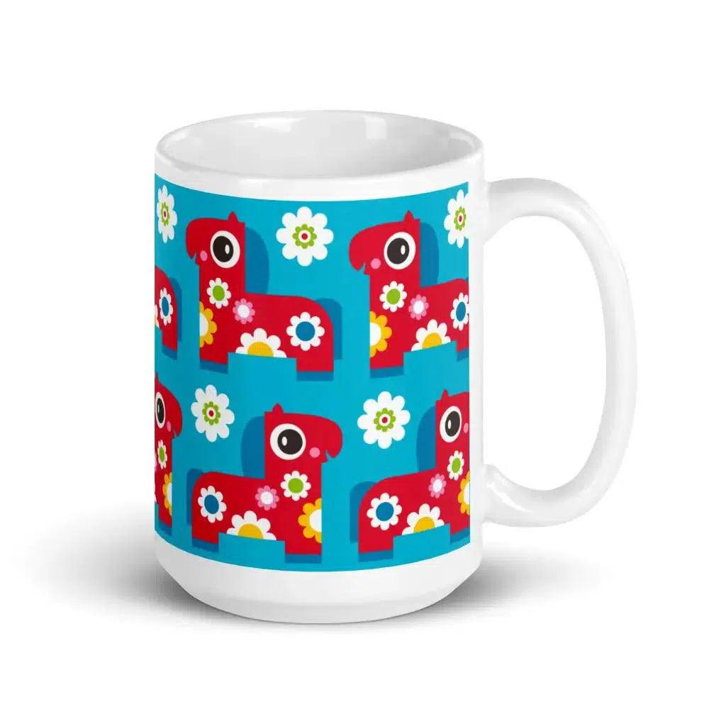 Mug - PONY BLOOM turquoise - Happy ponies and flowers print 15oz