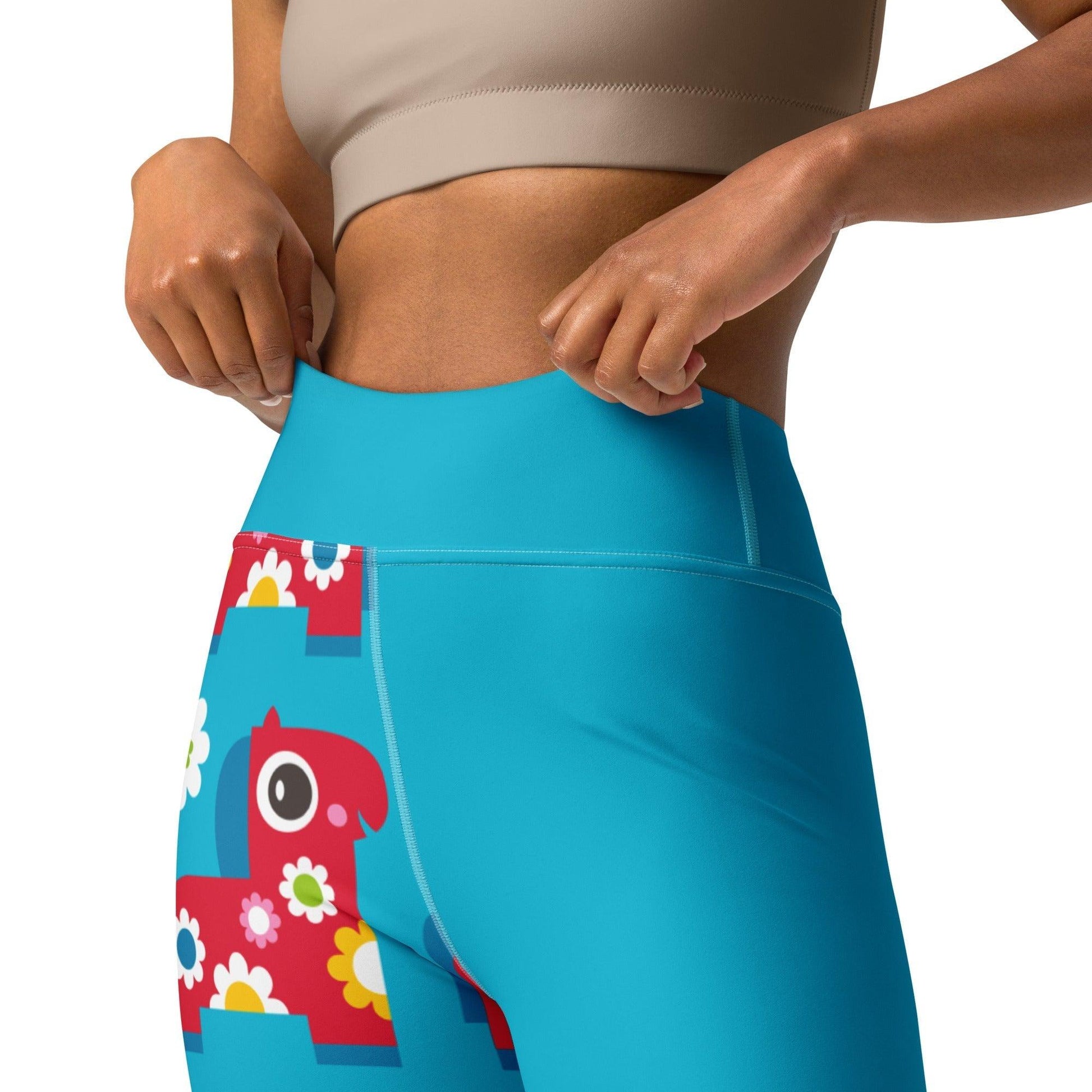 Yoga leggings - PONY BLOOM turquoise - Happy ponies and flowers print