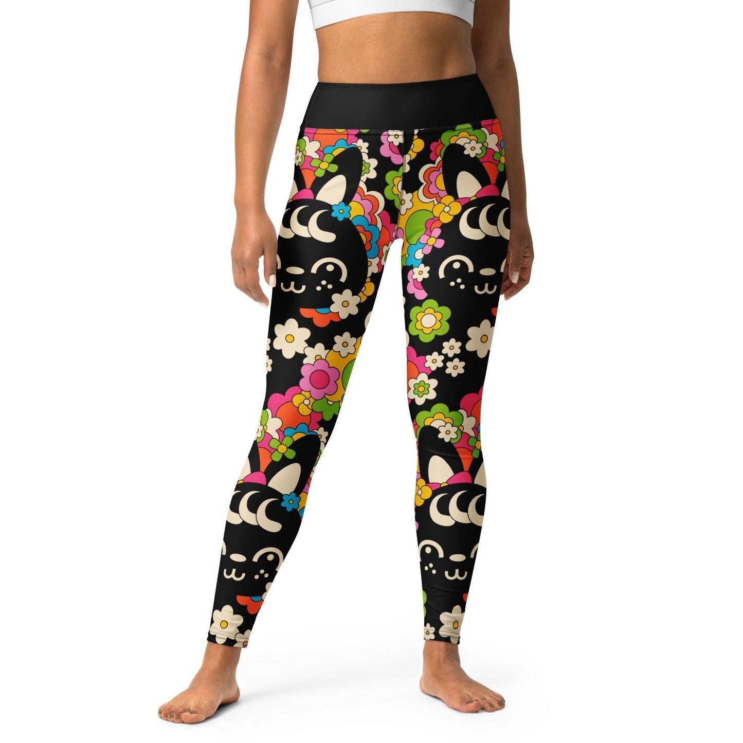 Yoga leggings -2- POPBUNNY black - Playful bunnies and flowers print XL
