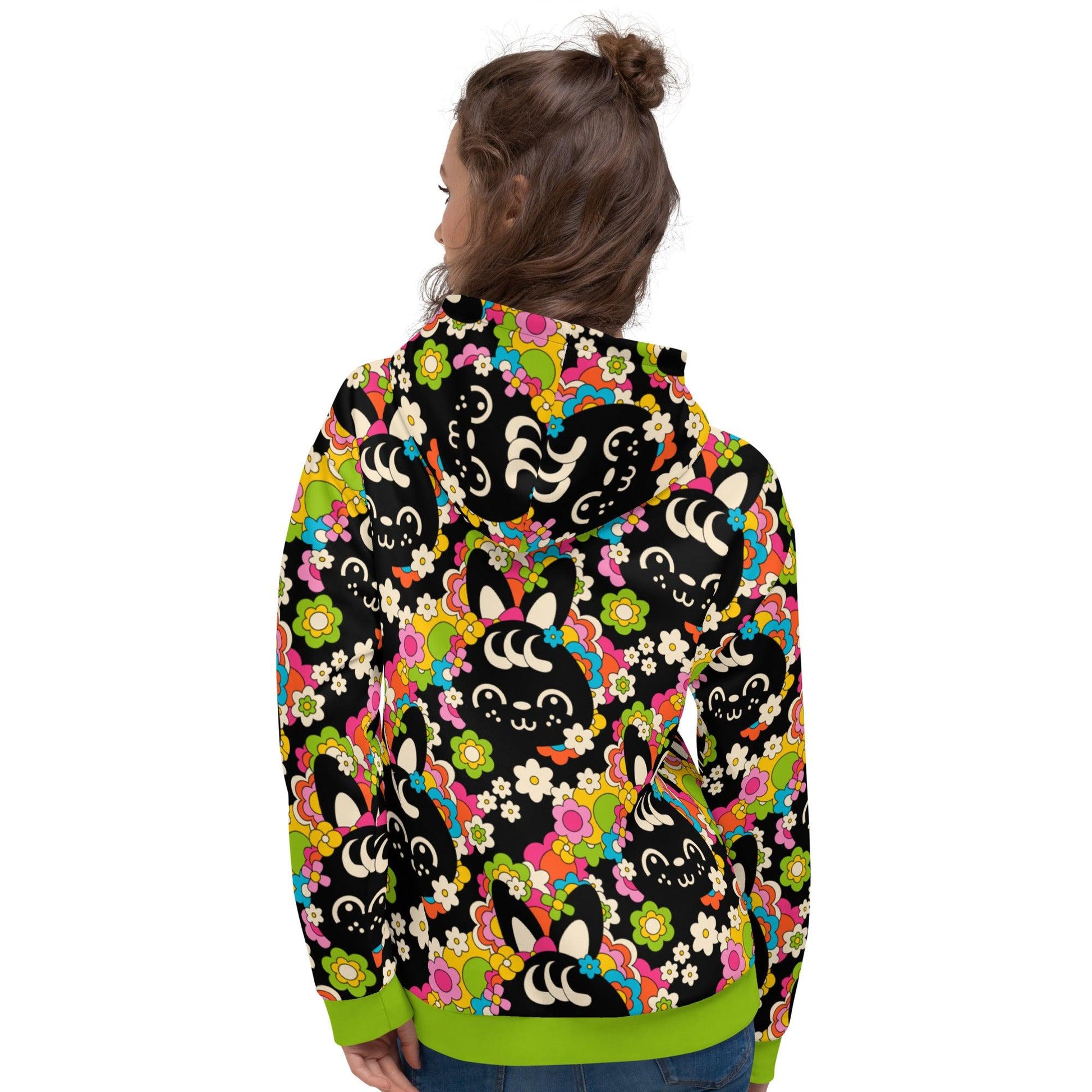 Hoodie - POPBUNNY black - Playful bunnies and flowers print