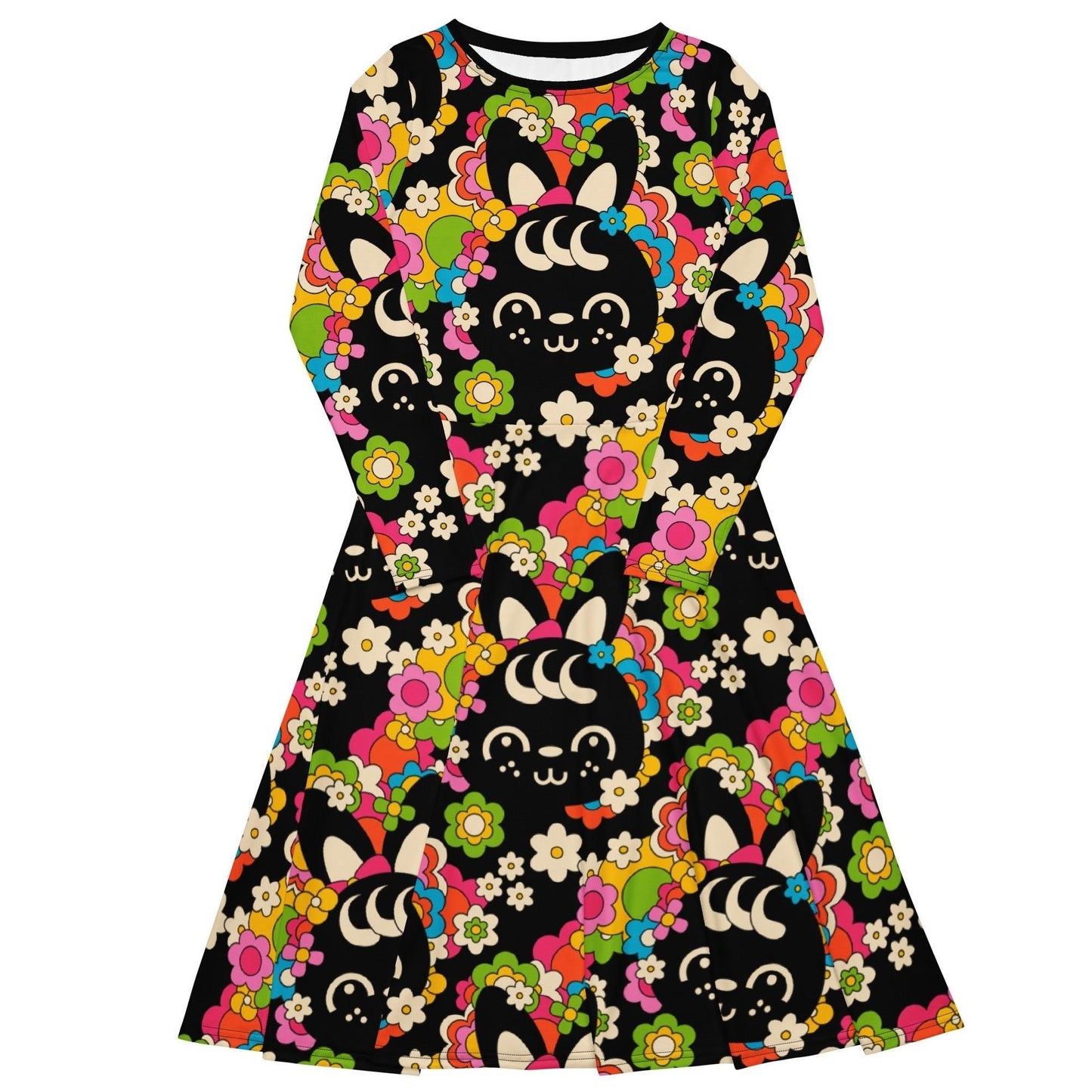Midi dress - POPBUNNY black - Playful bunnies and flowers print 6XL