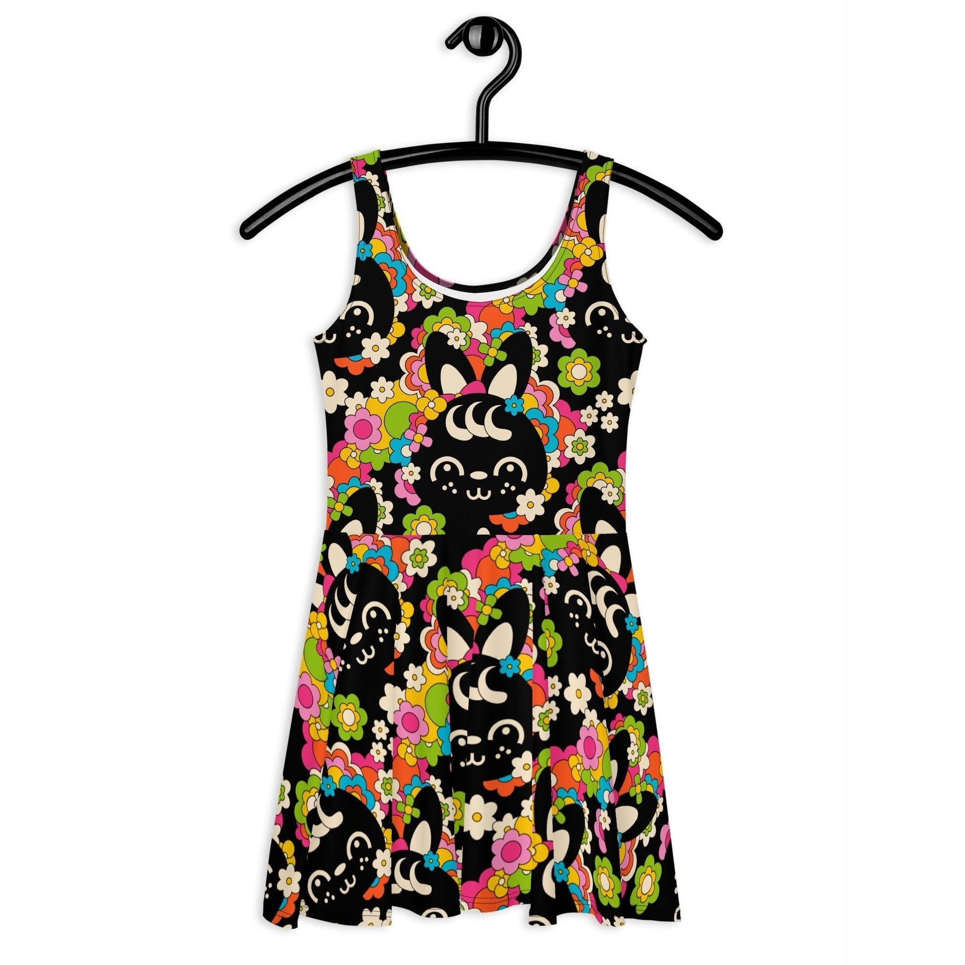 Skater dress - POPBUNNY black - Playful bunnies and flowers print 3XL