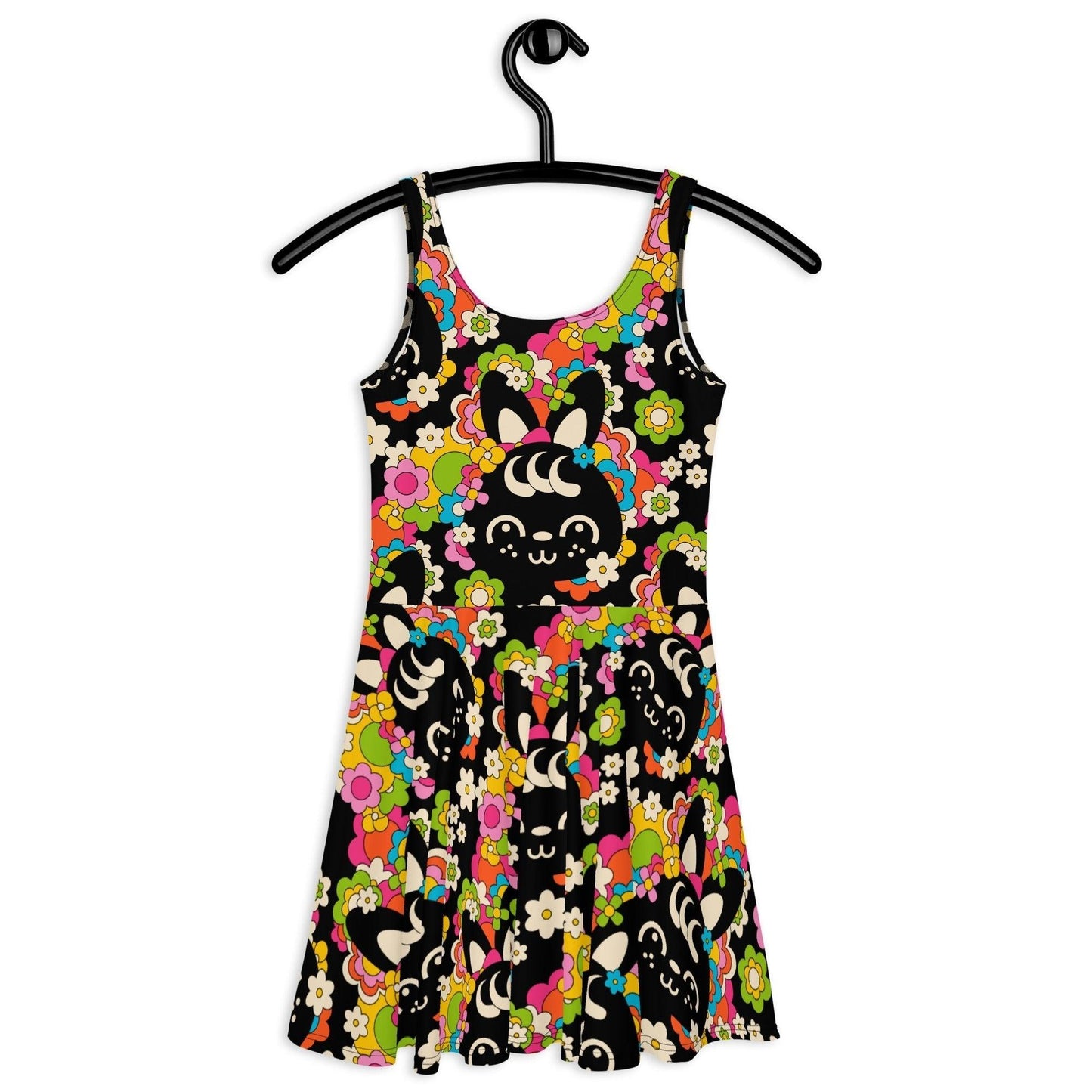 Skater dress - POPBUNNY black - Playful bunnies and flowers print