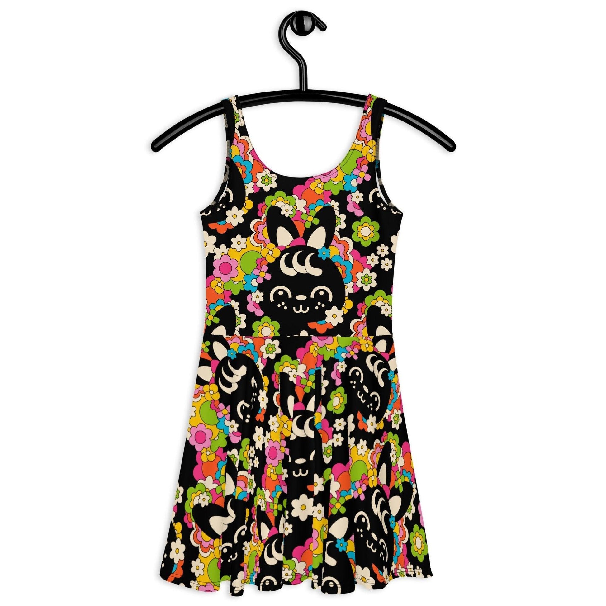 Skater dress - POPBUNNY black - Playful bunnies and flowers print