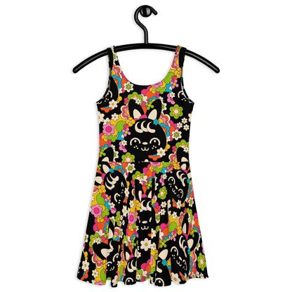 Skater dress - POPBUNNY black - Playful bunnies and flowers print