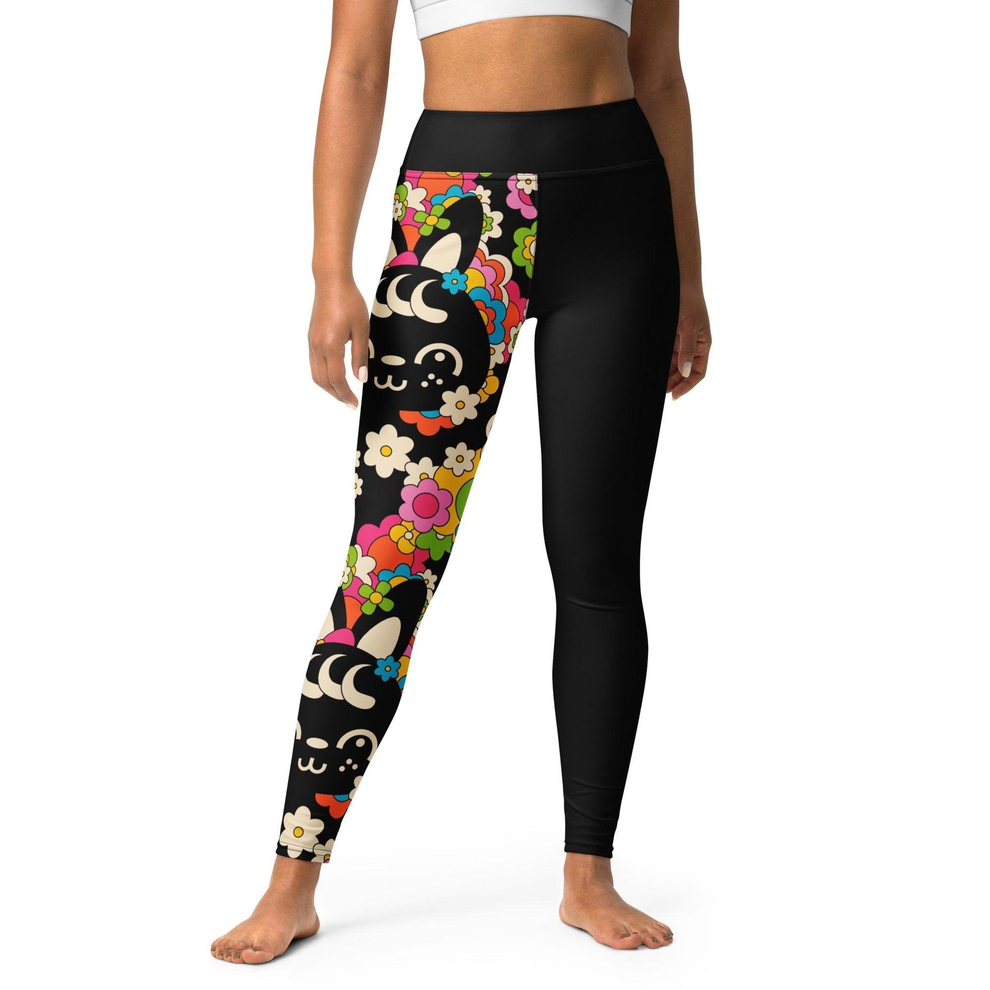 Yoga leggings - POPBUNNY black - Playful bunnies and flowers print XL