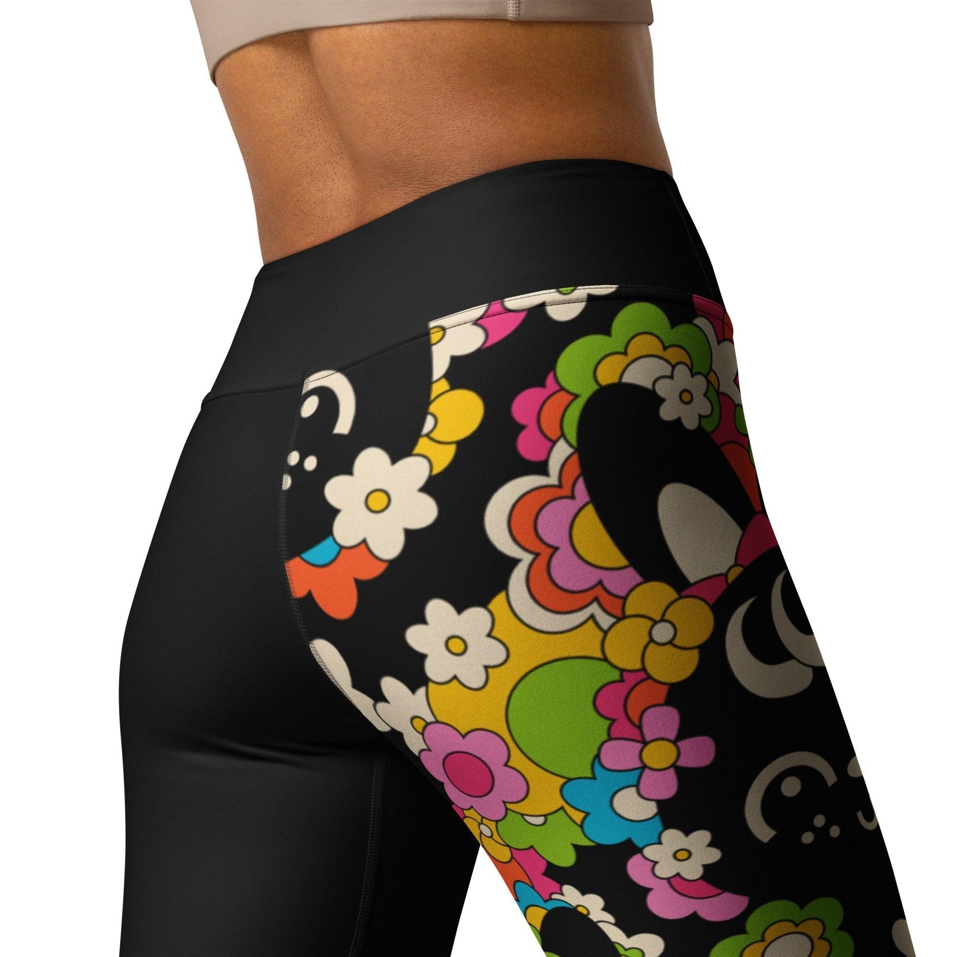Yoga leggings - POPBUNNY black - Playful bunnies and flowers print