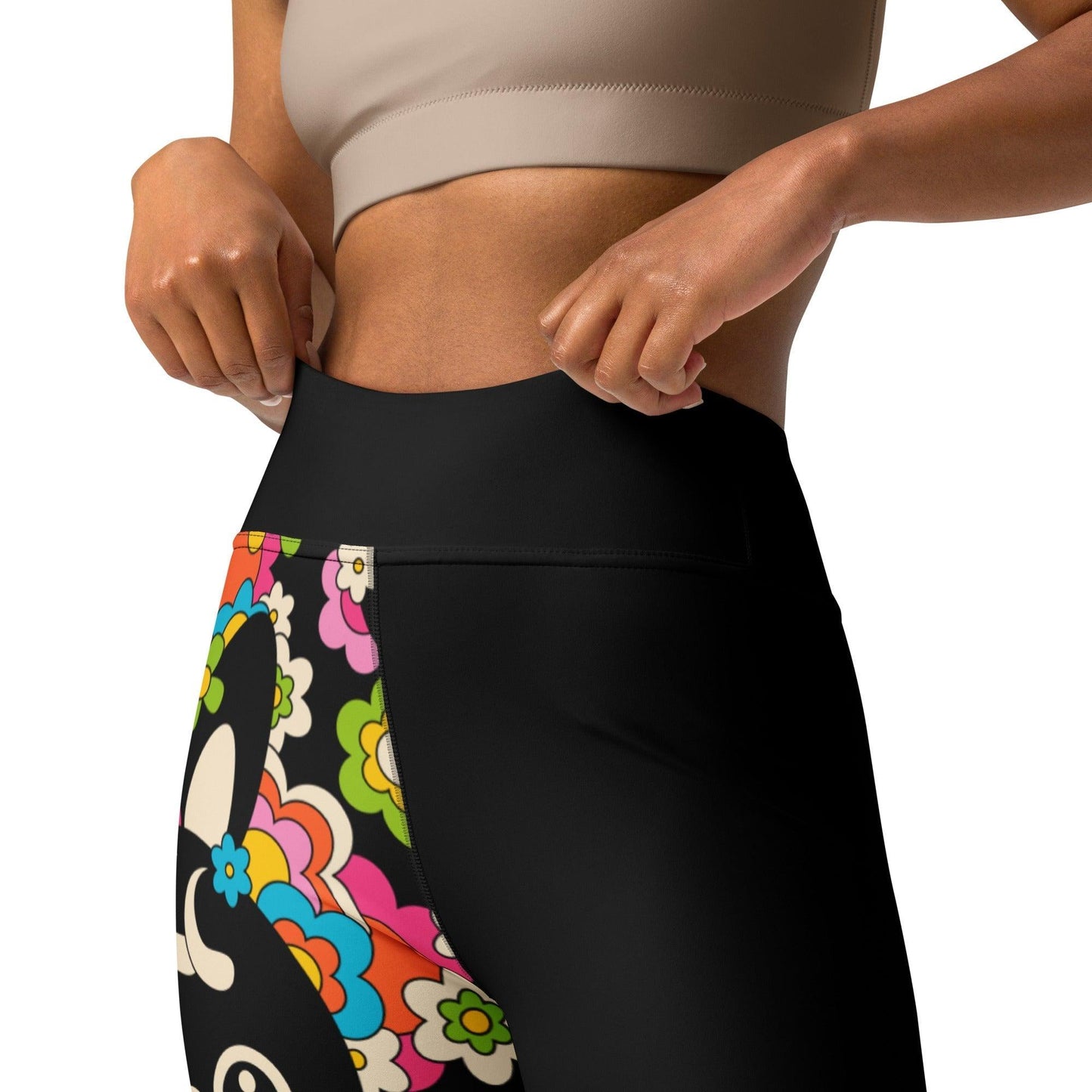 Yoga leggings - POPBUNNY black - Playful bunnies and flowers print