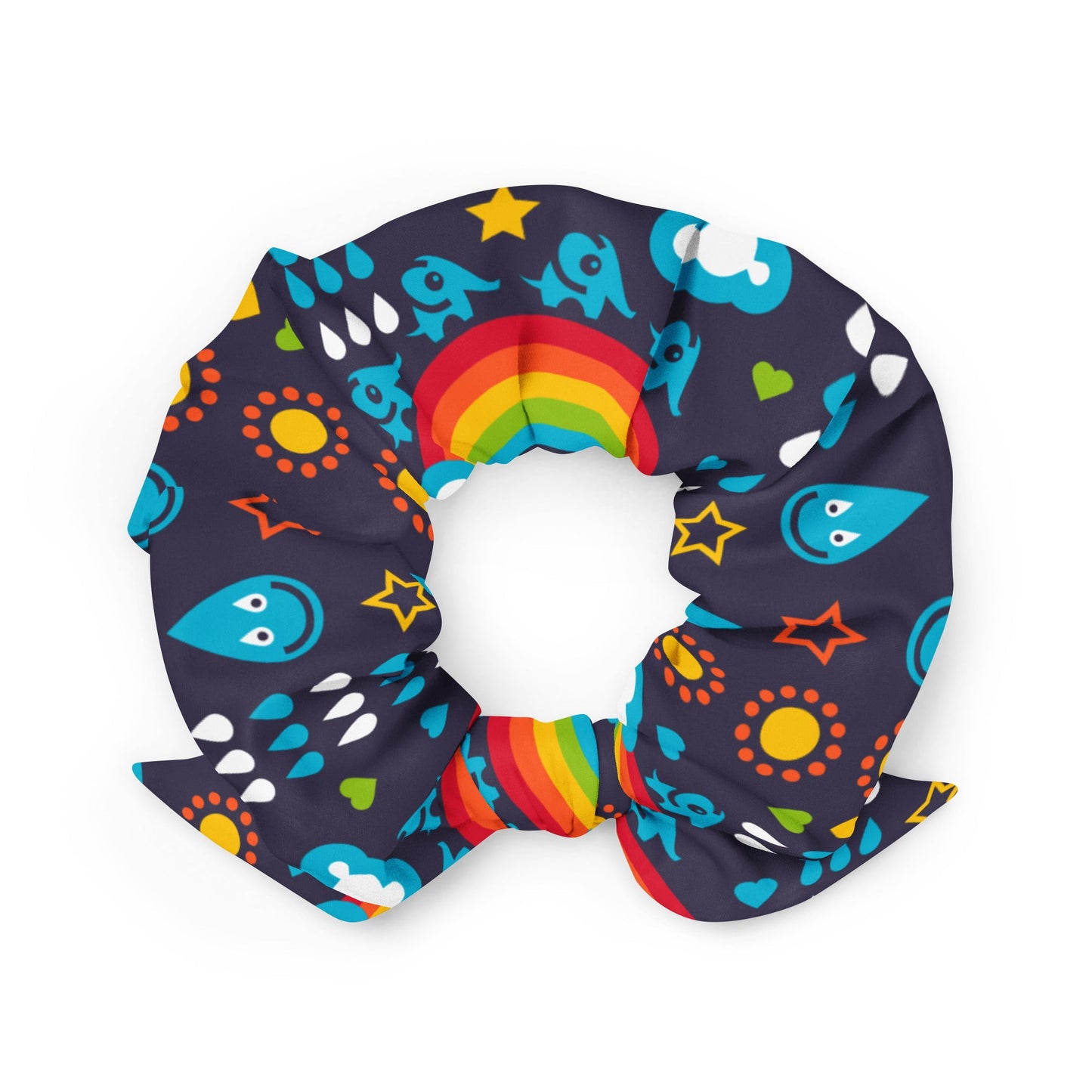 Scrunchie - RAINBOWPHANT blue - Rainbows and elephants print