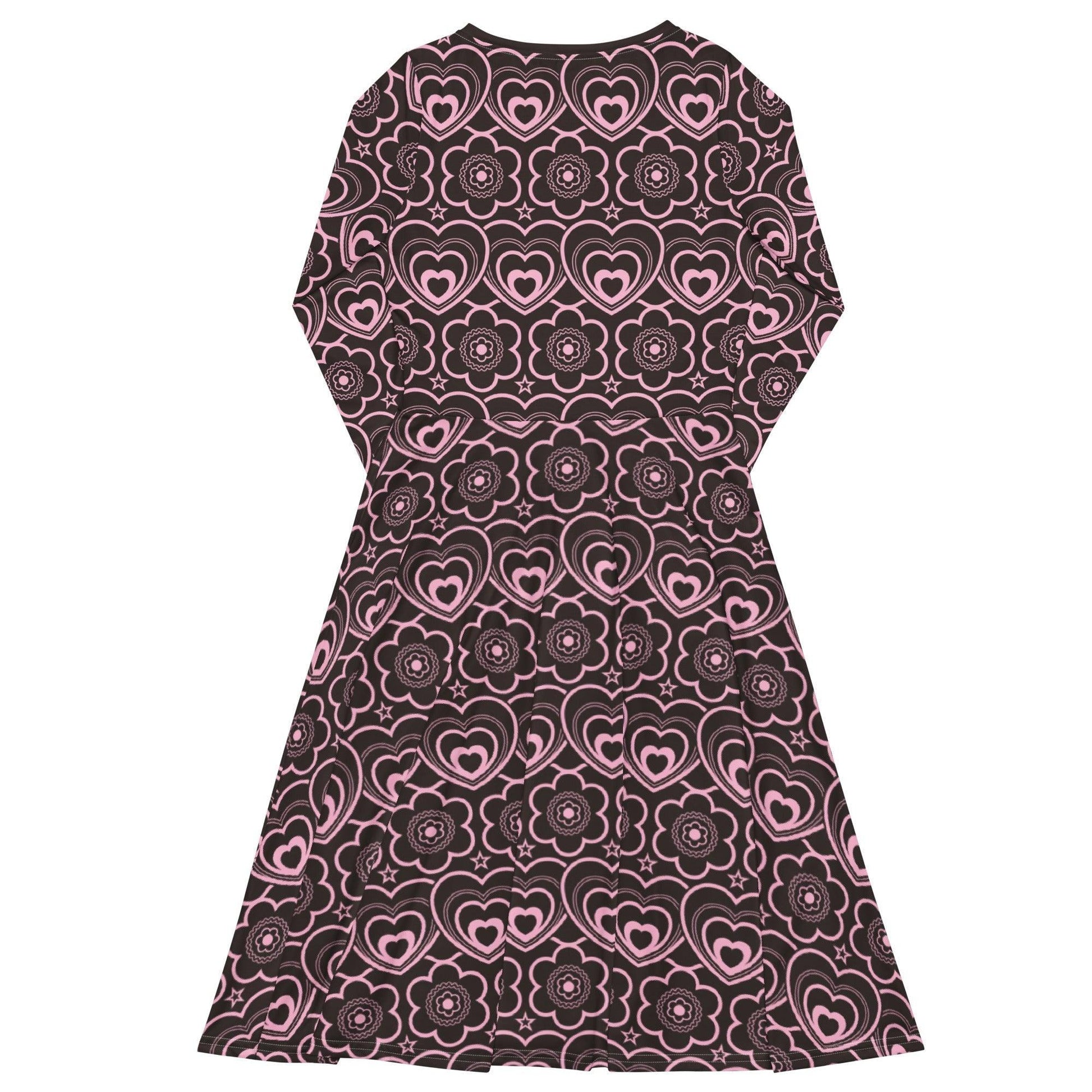 Midi dress - RAMONA pink brown - Simple hearts and flowers print
