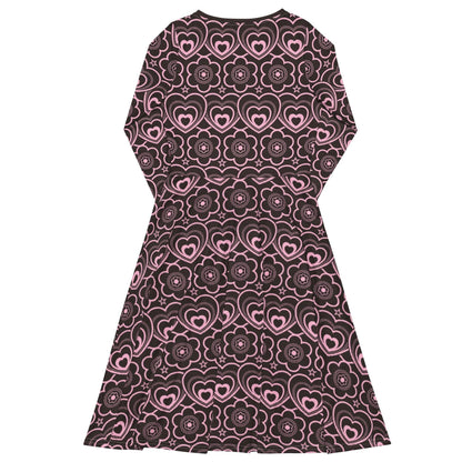 Midi dress - RAMONA pink brown - Simple hearts and flowers print