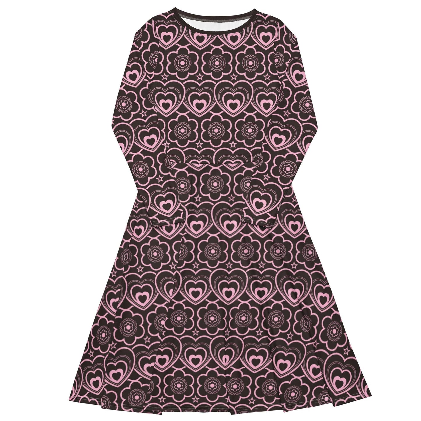 Midi dress - RAMONA pink brown - Simple hearts and flowers print 6XL