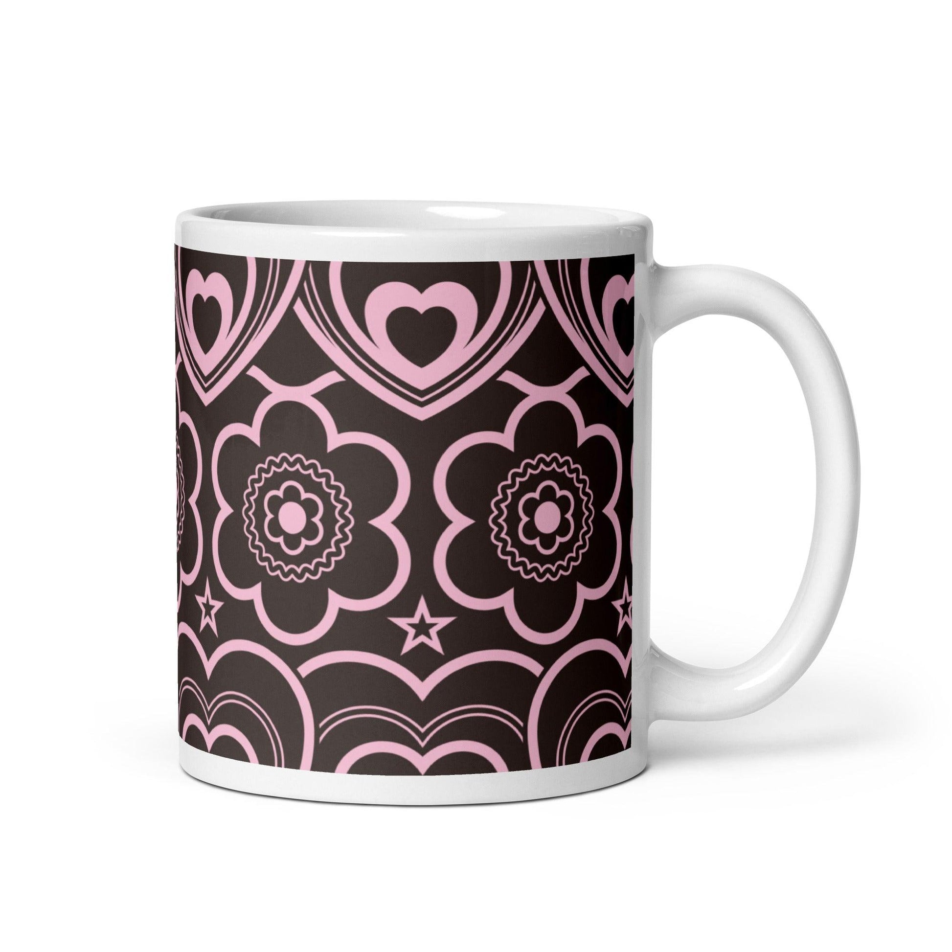 Mug - RAMONA pink brown - Simple hearts and flowers print 11 oz