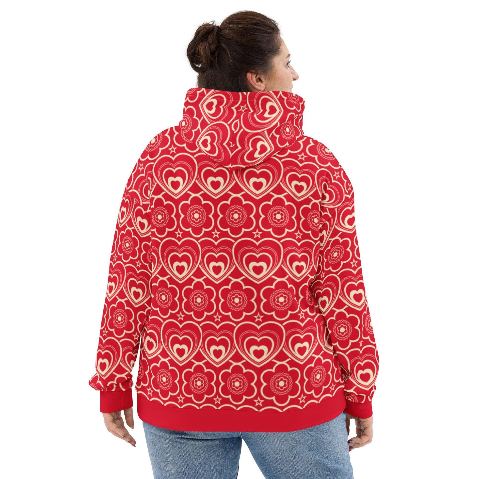 Hoodie - RAMONA red - Simple hearts and flowers print