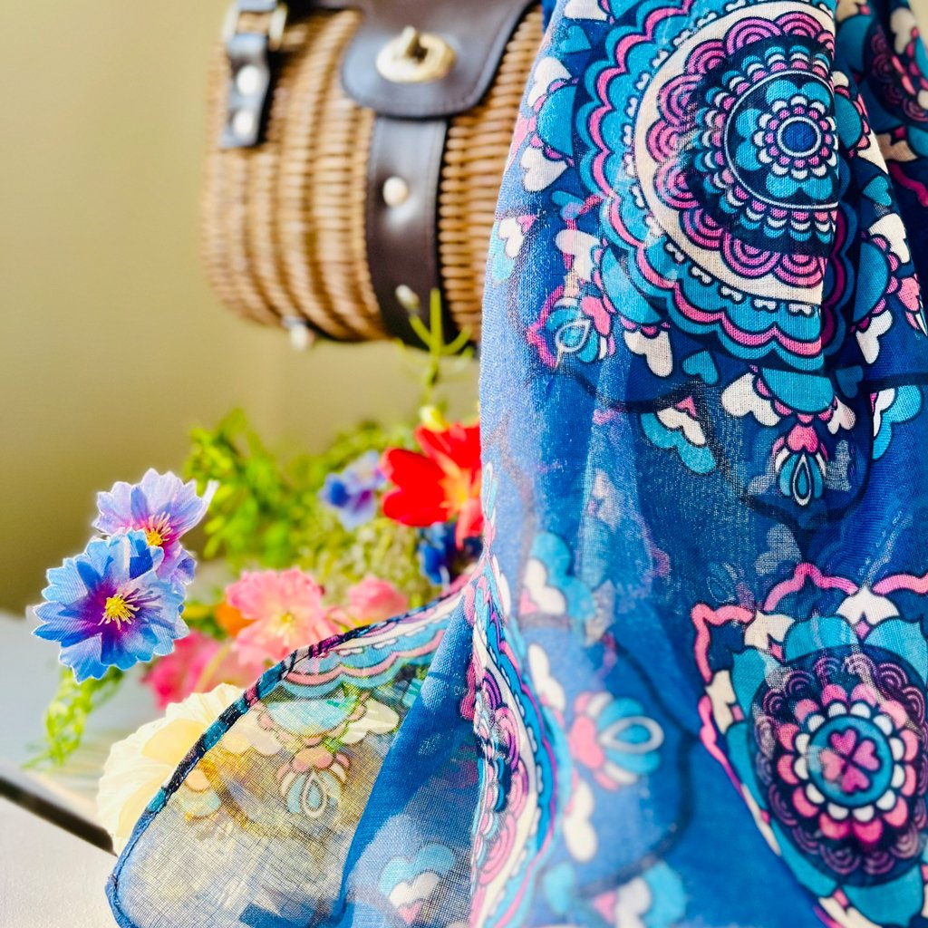 Scarf - FOREVERMORE summer blue - Romantic flower and heart print