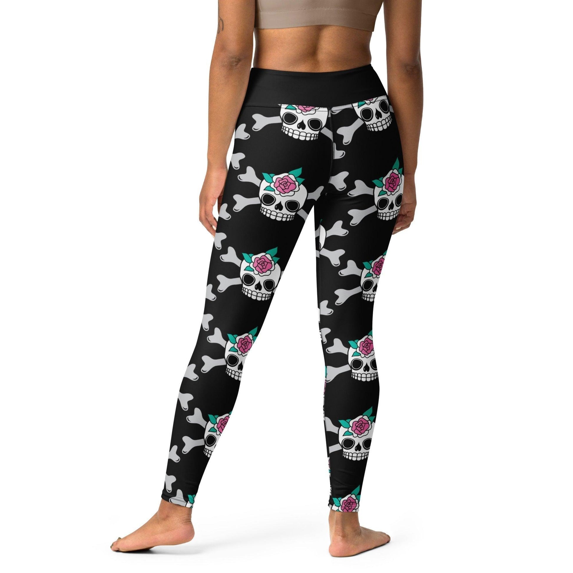 Yoga leggings -2- SKULLROSE black - Skulls and roses print