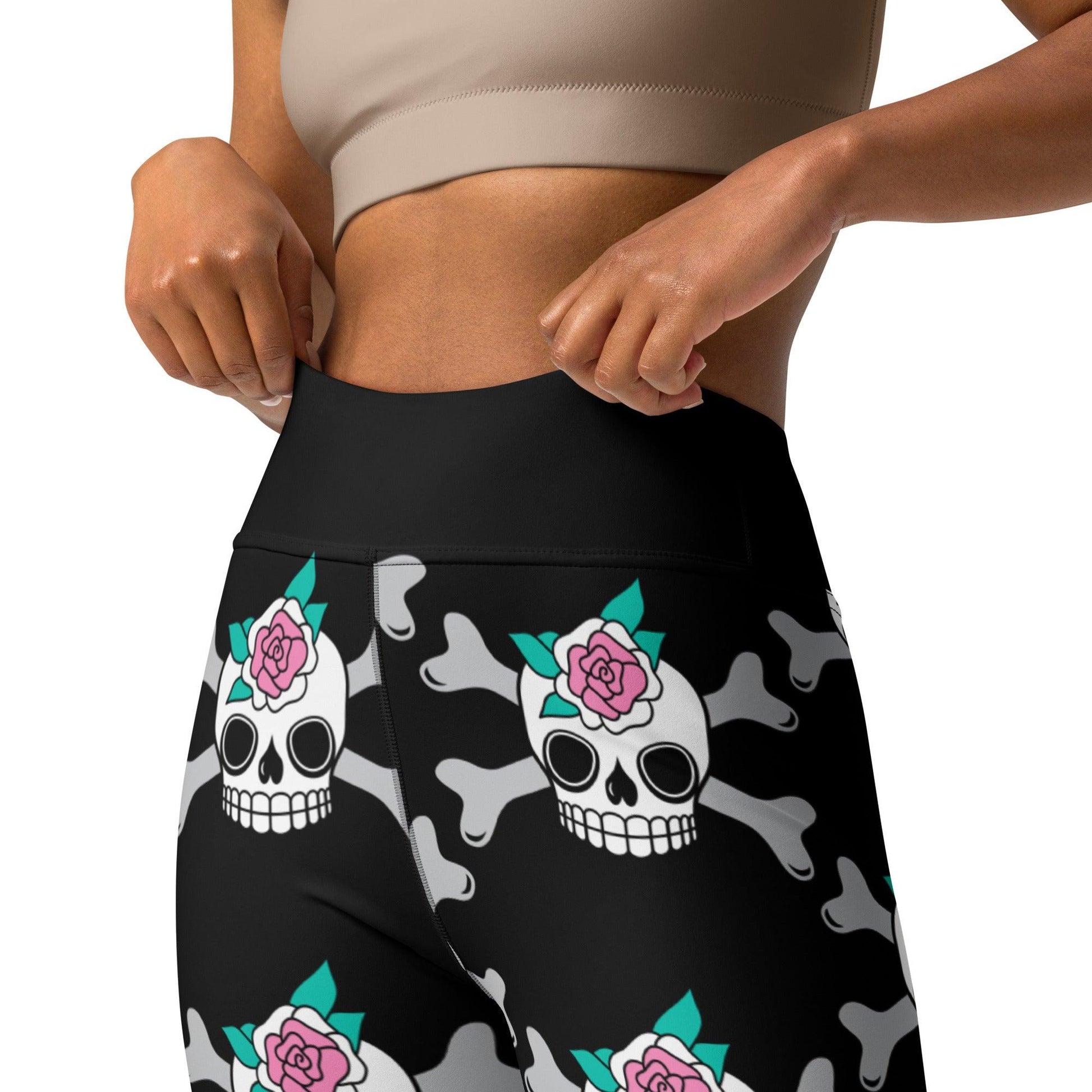 Yoga leggings -2- SKULLROSE black - Skulls and roses print