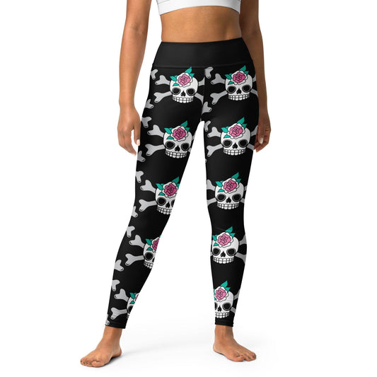 Yoga leggings -2- SKULLROSE black - Skulls and roses print XL