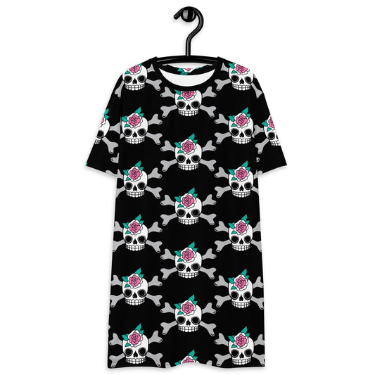 T-shirt dress - SKULLROSE black - Skulls and roses print 6XL