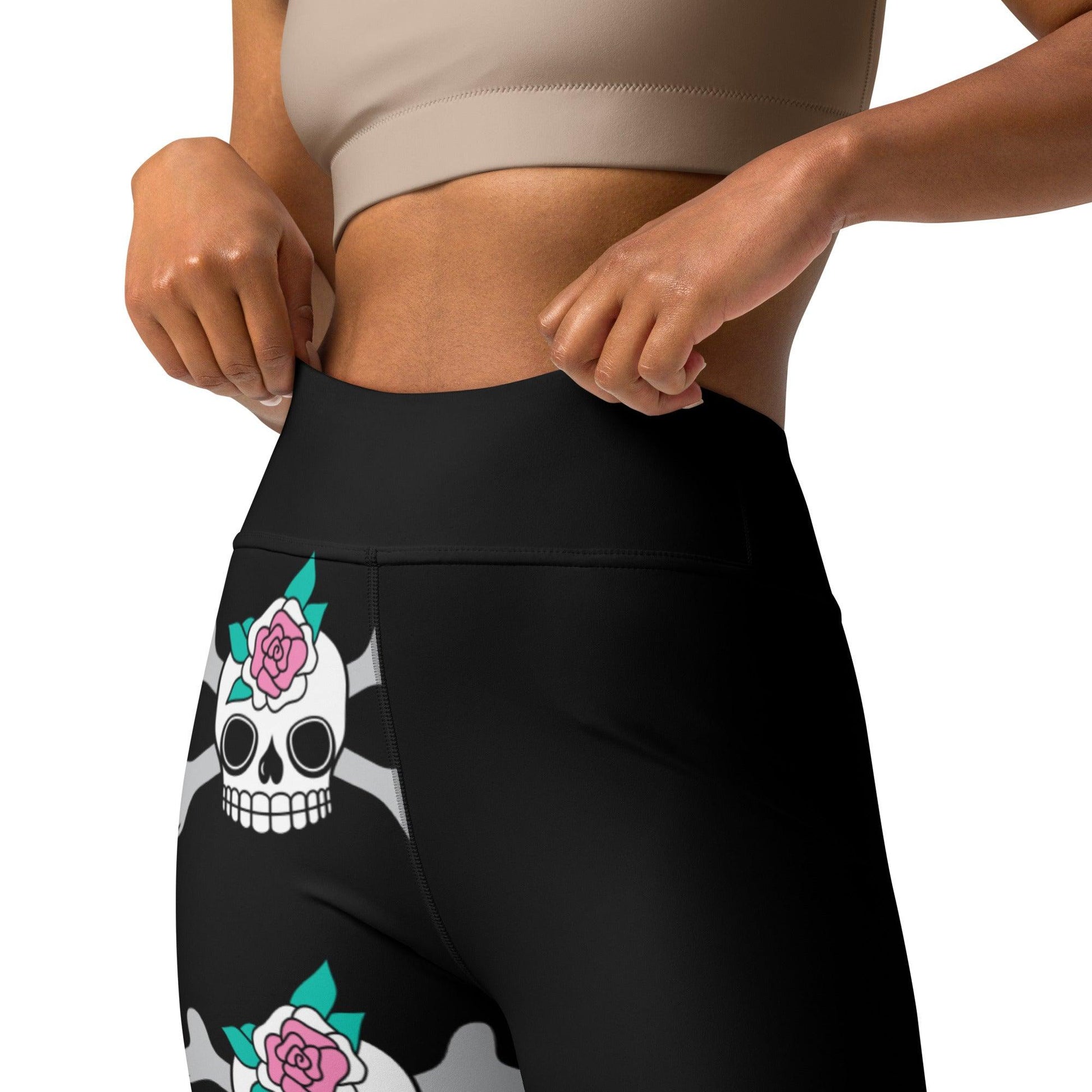 Yoga leggings - SKULLROSE black - Skulls and roses print