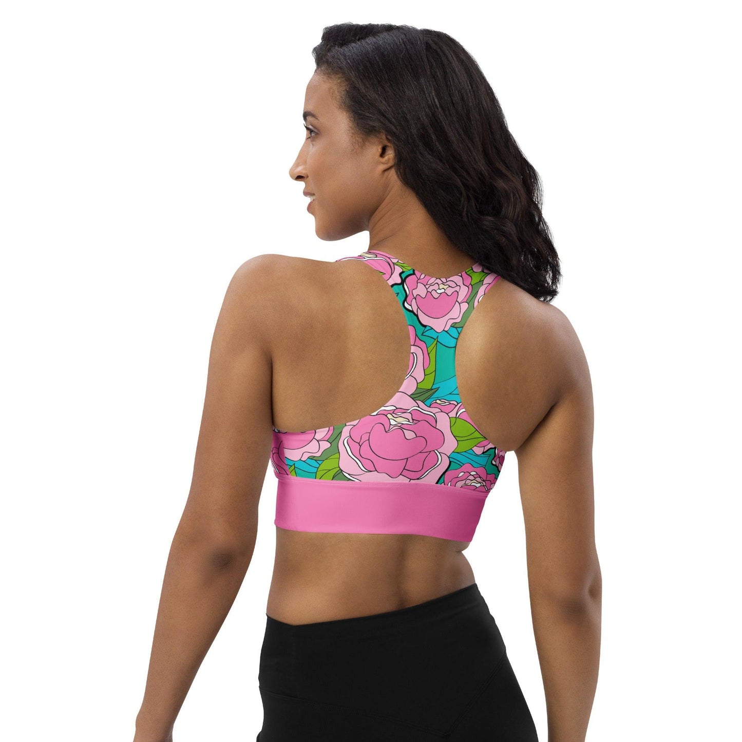 Sports bra - BE MY ONLY pink turquoise - Bold pink peony print