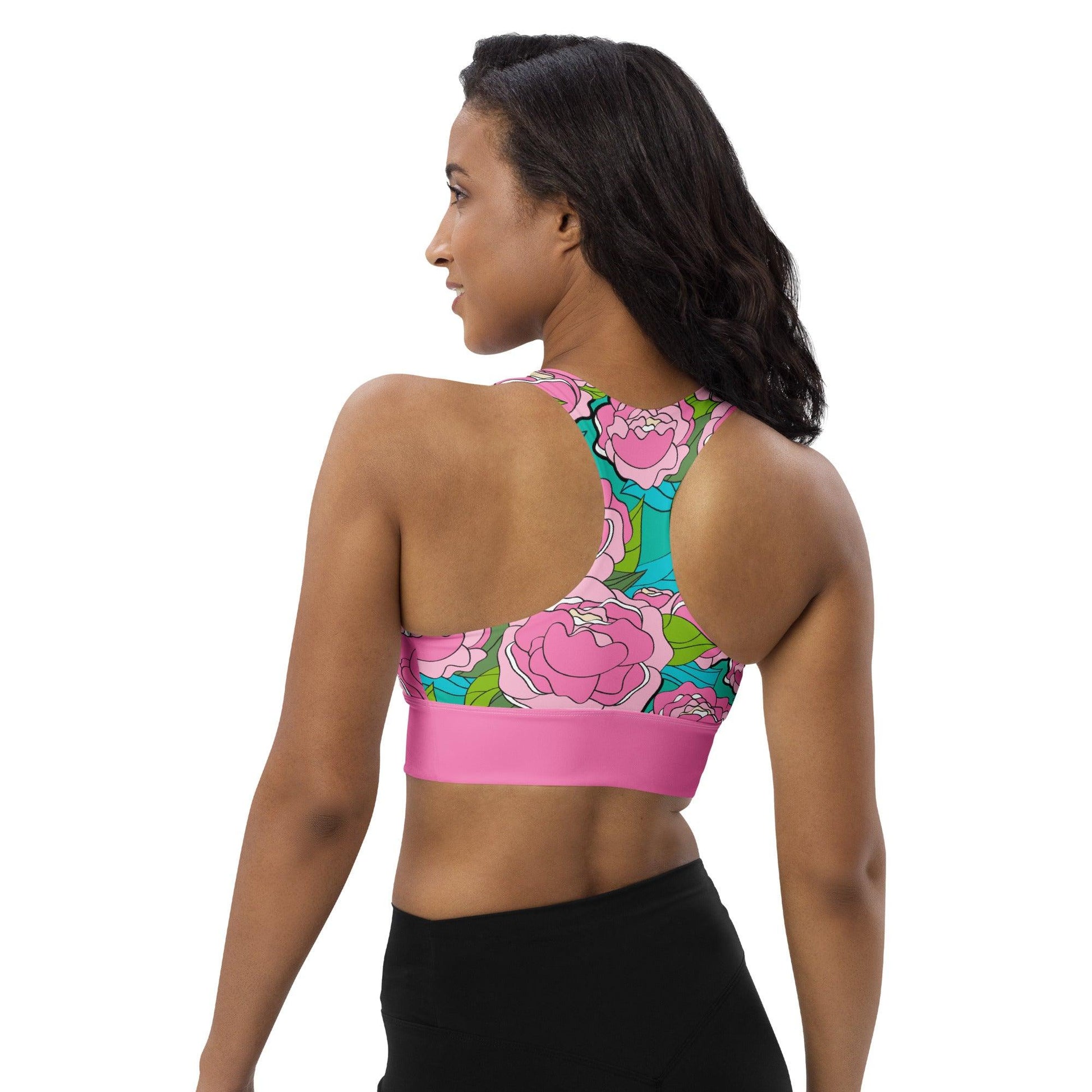 Sports bra - BE MY ONLY pink turquoise - Bold pink peony print