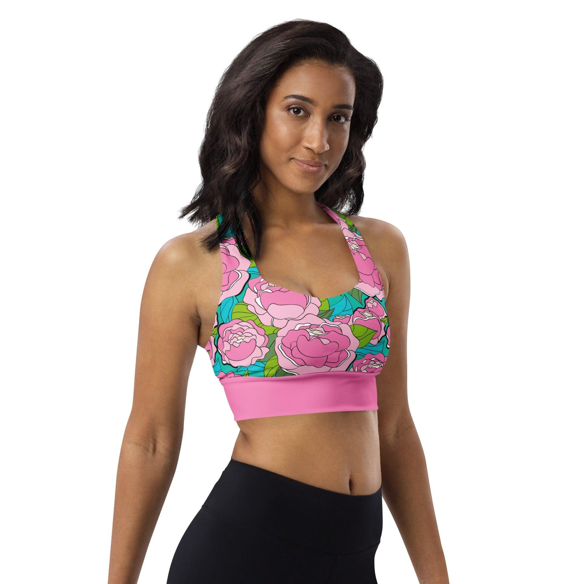 Sports bra - BE MY ONLY pink turquoise - Bold pink peony print