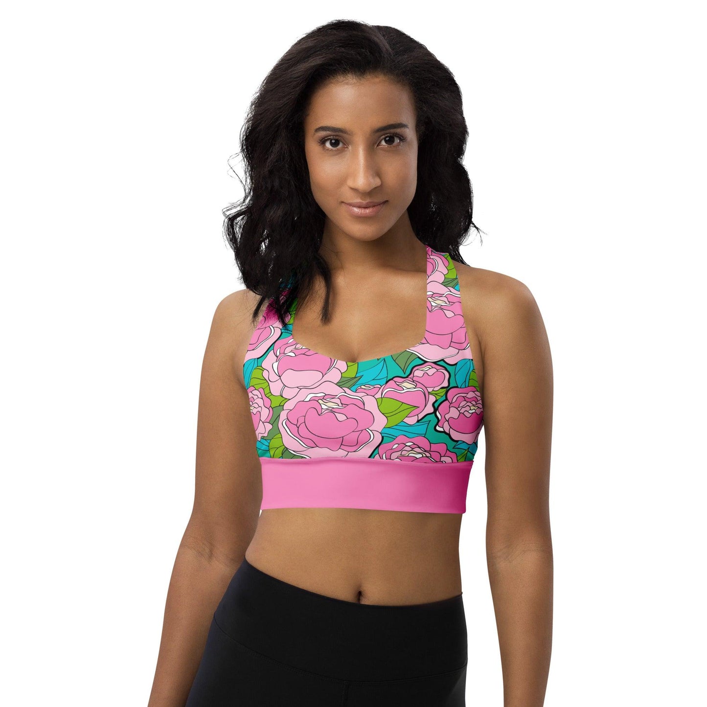Sports bra - BE MY ONLY pink turquoise - Bold pink peony print 3XL
