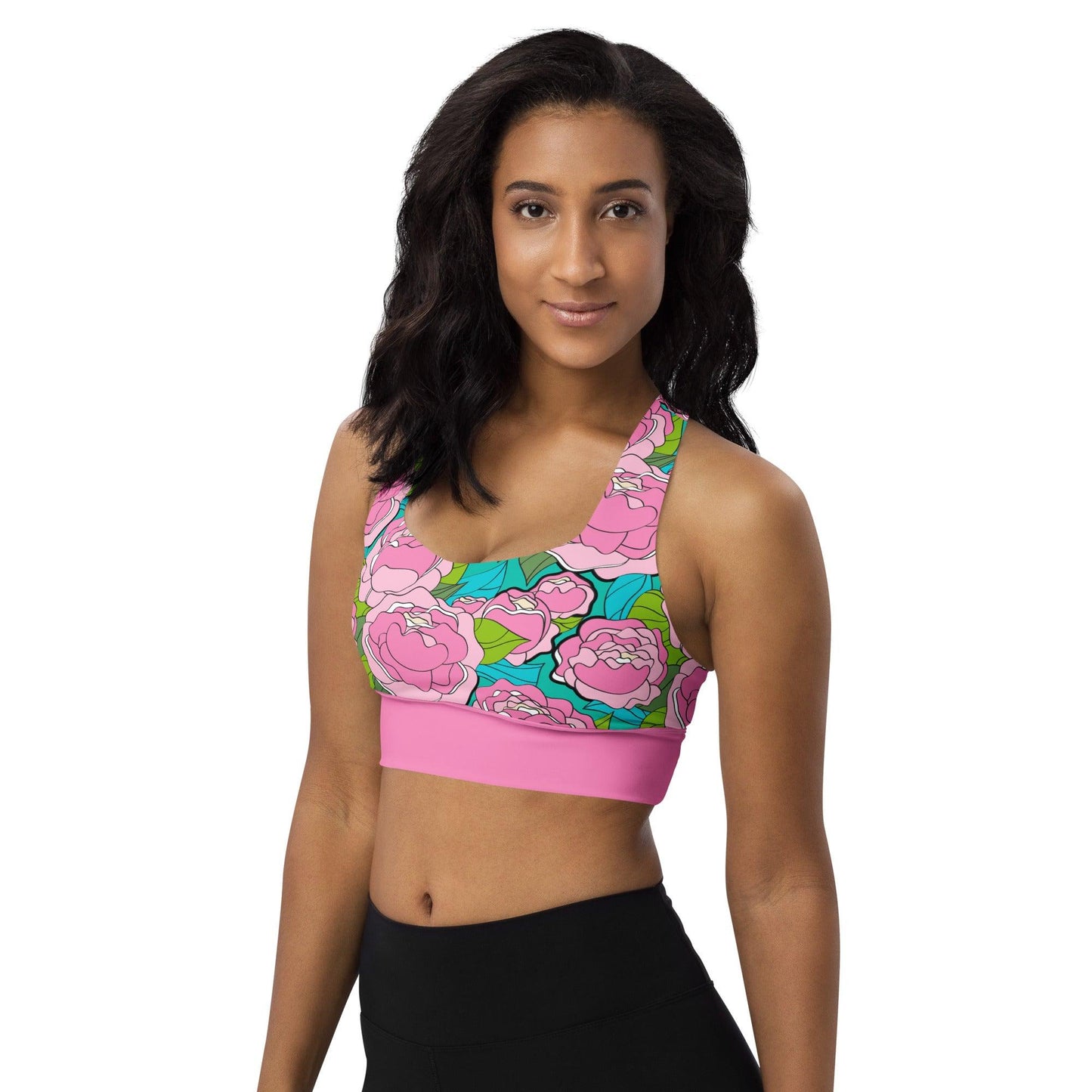 Sports bra - BE MY ONLY pink turquoise - Bold pink peony print