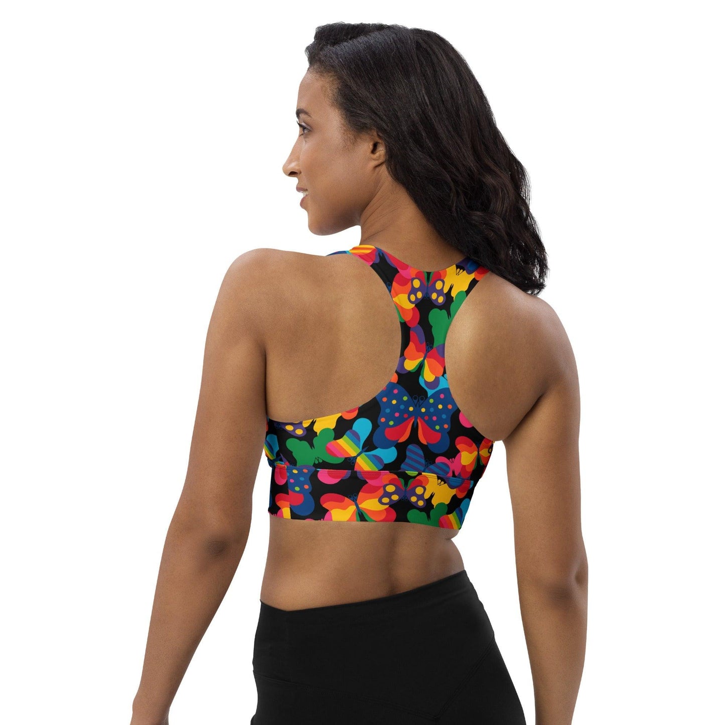 Sports bra - FLYRAVE black - Colorful butterfly print