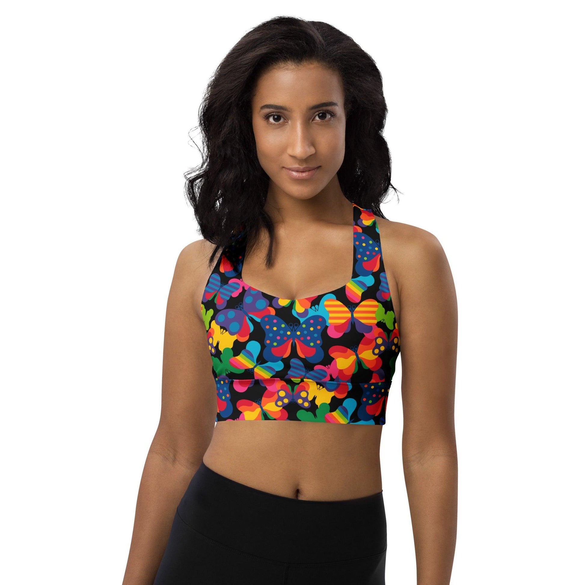 Sports bra - FLYRAVE black - Colorful butterfly print 3XL