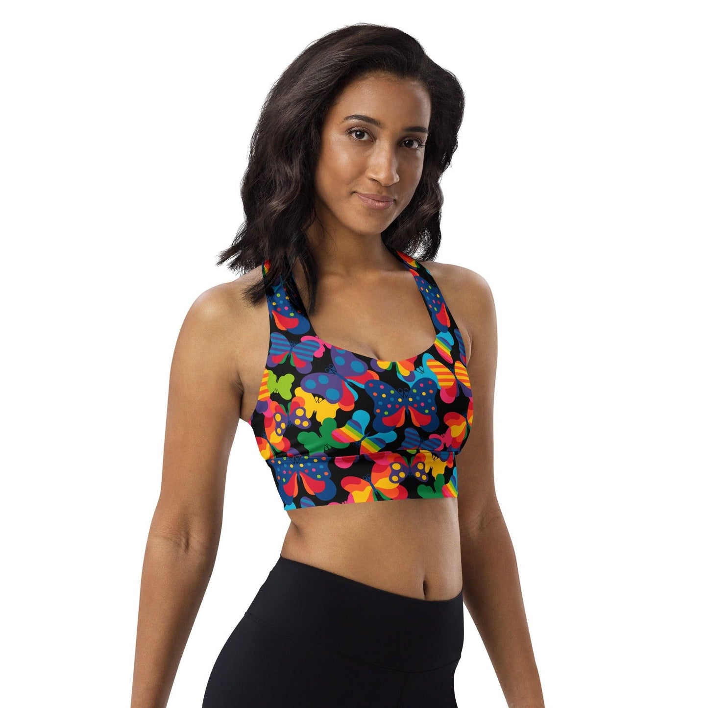 Sports bra - FLYRAVE black - Colorful butterfly print