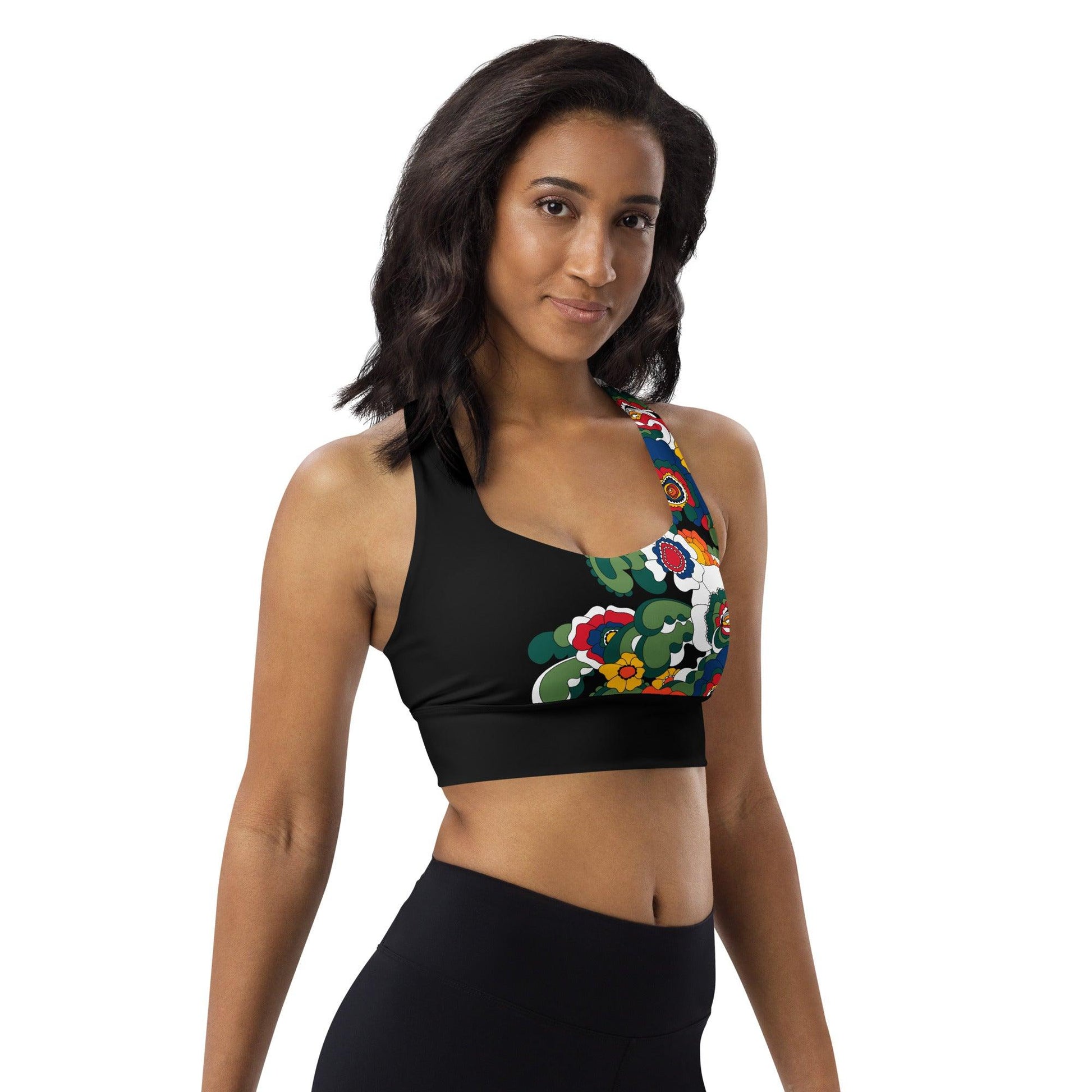 Sports bra - GROOVY KURBITS black - Folk floral print