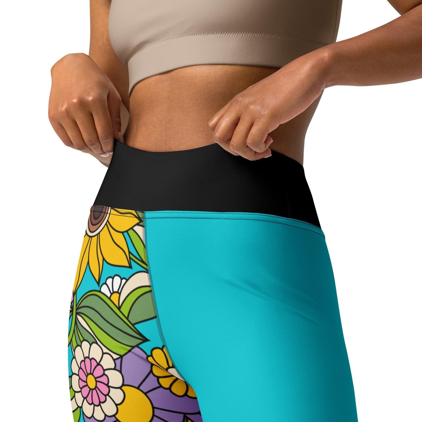 Yoga leggings - SUNDANCE turquoise - Bold sunflower print