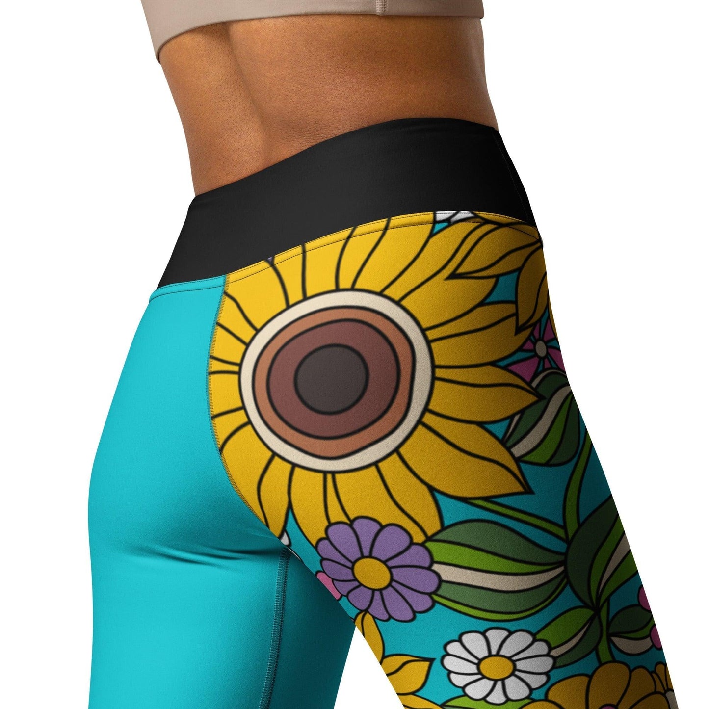 Yoga leggings - SUNDANCE turquoise - Bold sunflower print
