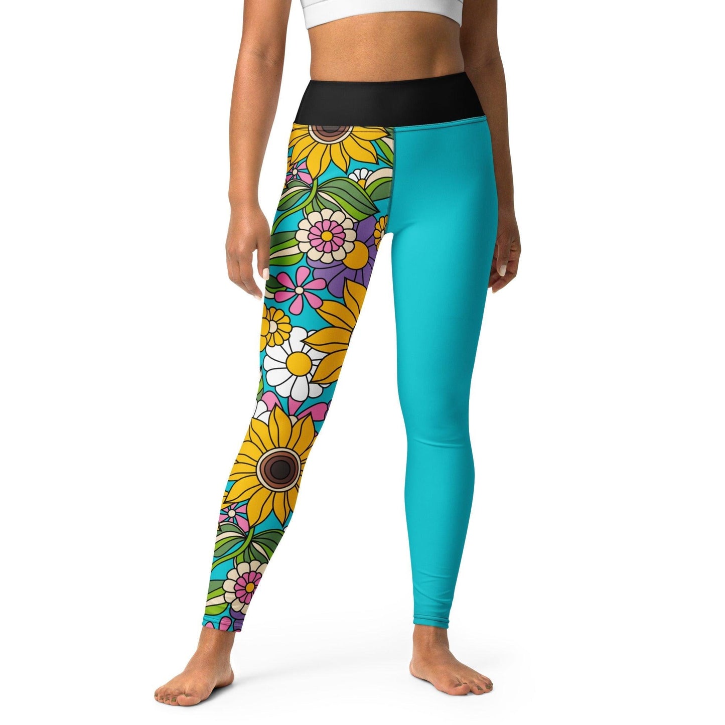Yoga leggings - SUNDANCE turquoise - Bold sunflower print XL