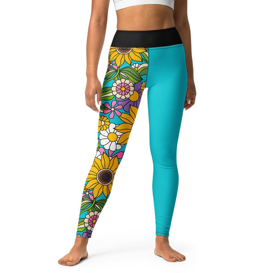 Yoga leggings - SUNDANCE turquoise - Bold sunflower print XL