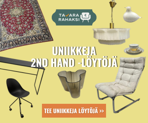 Advertisement for second-hand furniture with various items on a yellow background
