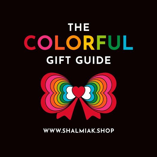 Promotional graphic for 'The Colorful Gift Guide' with a rainbow bow on a black background.