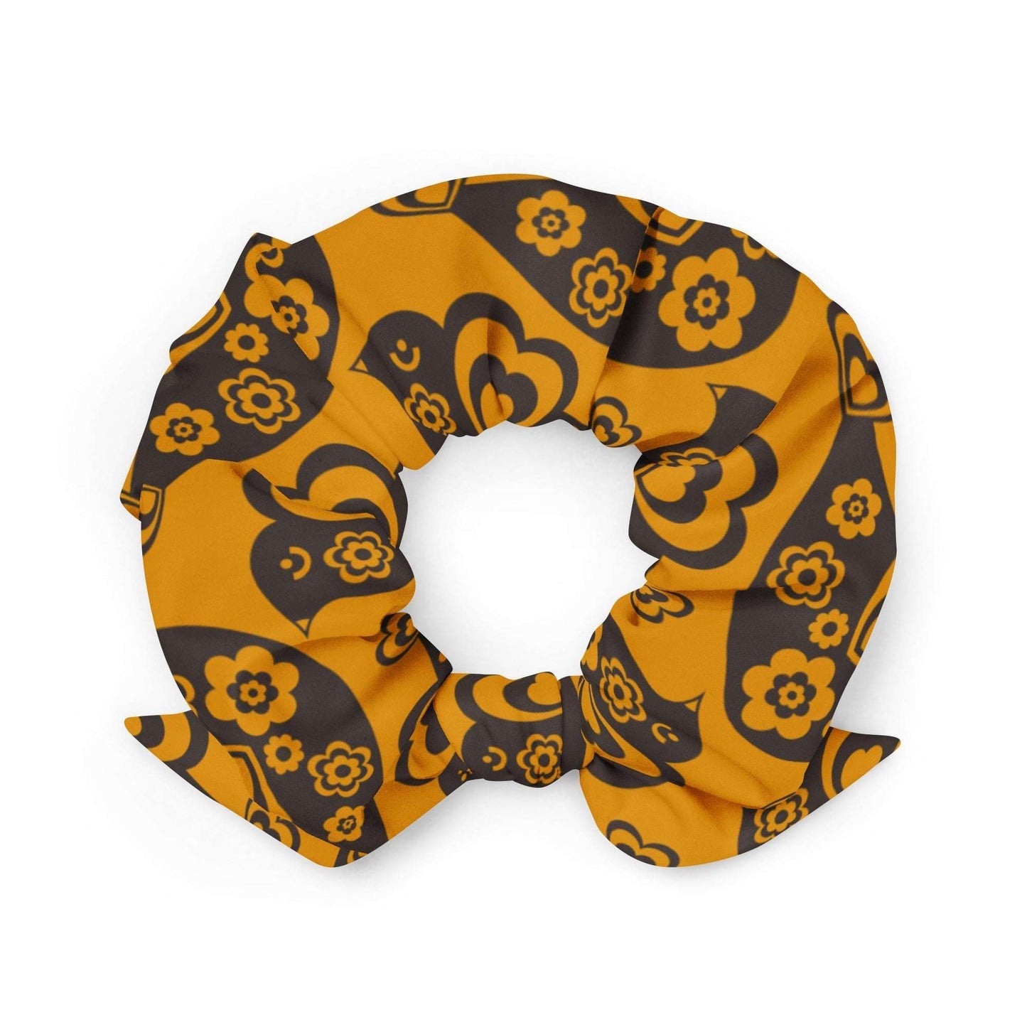 Scrunchie - TWEET LOVE orange brown - Birds and hearts print
