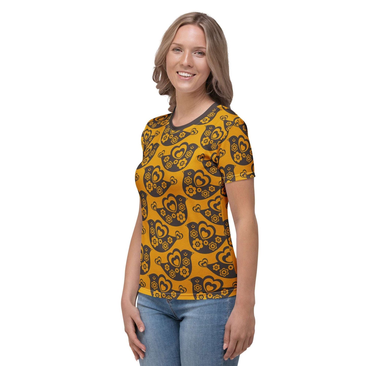 Woman's T-shirt - TWEET LOVE orange brown - Birds and hearts print