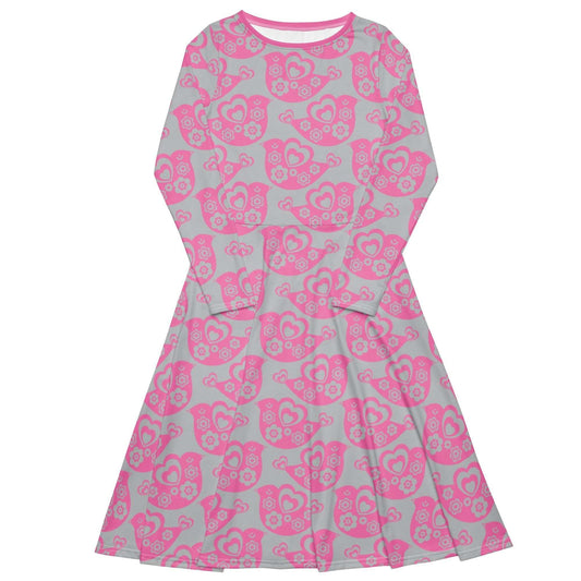 Midi dress - TWEET LOVE pink grey - Birds and hearts print 6XL