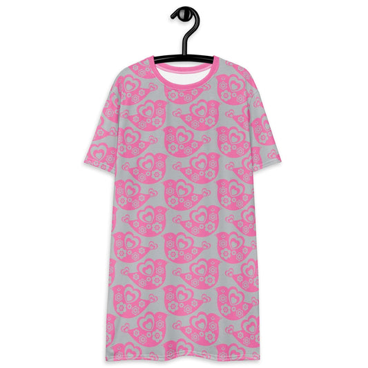 T-shirt dress - TWEET LOVE pink grey - Birds and hearts print 6XL