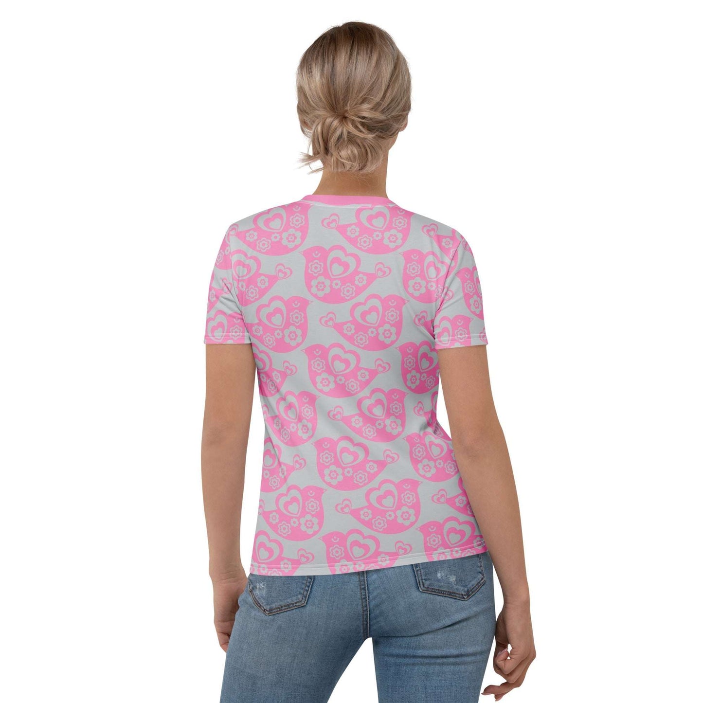 Woman's T-shirt - TWEET LOVE pink grey - Birds and hearts print