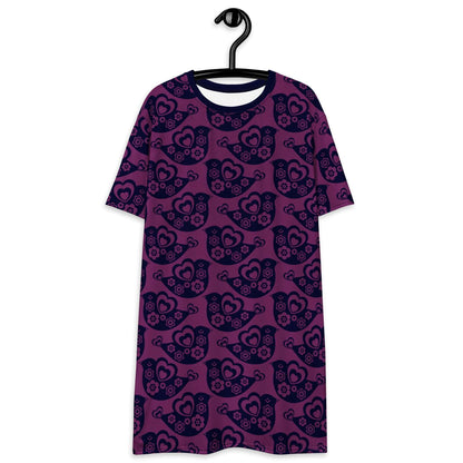 T-shirt dress - TWEET LOVE plum - Birds and hearts print 6XL
