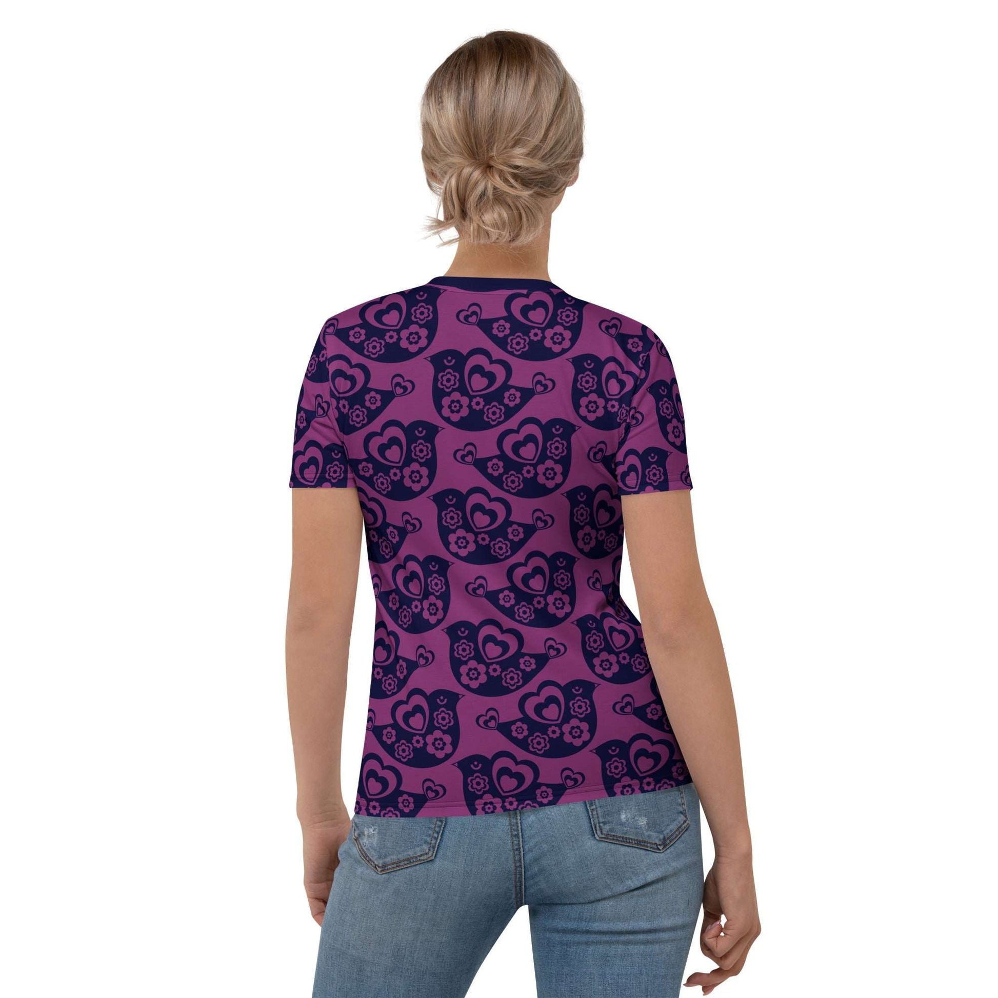 Woman's T-shirt - TWEET LOVE plum - Birds and hearts print