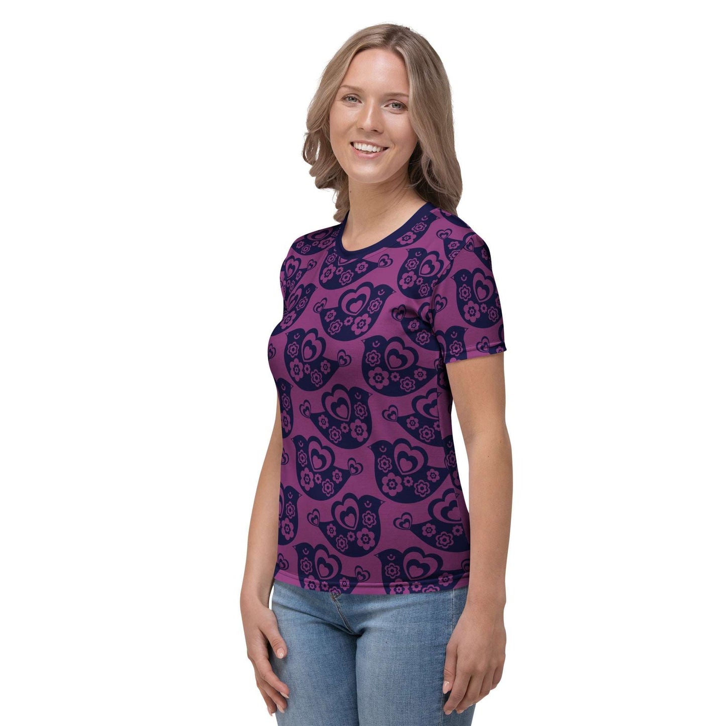 Woman's T-shirt - TWEET LOVE plum - Birds and hearts print