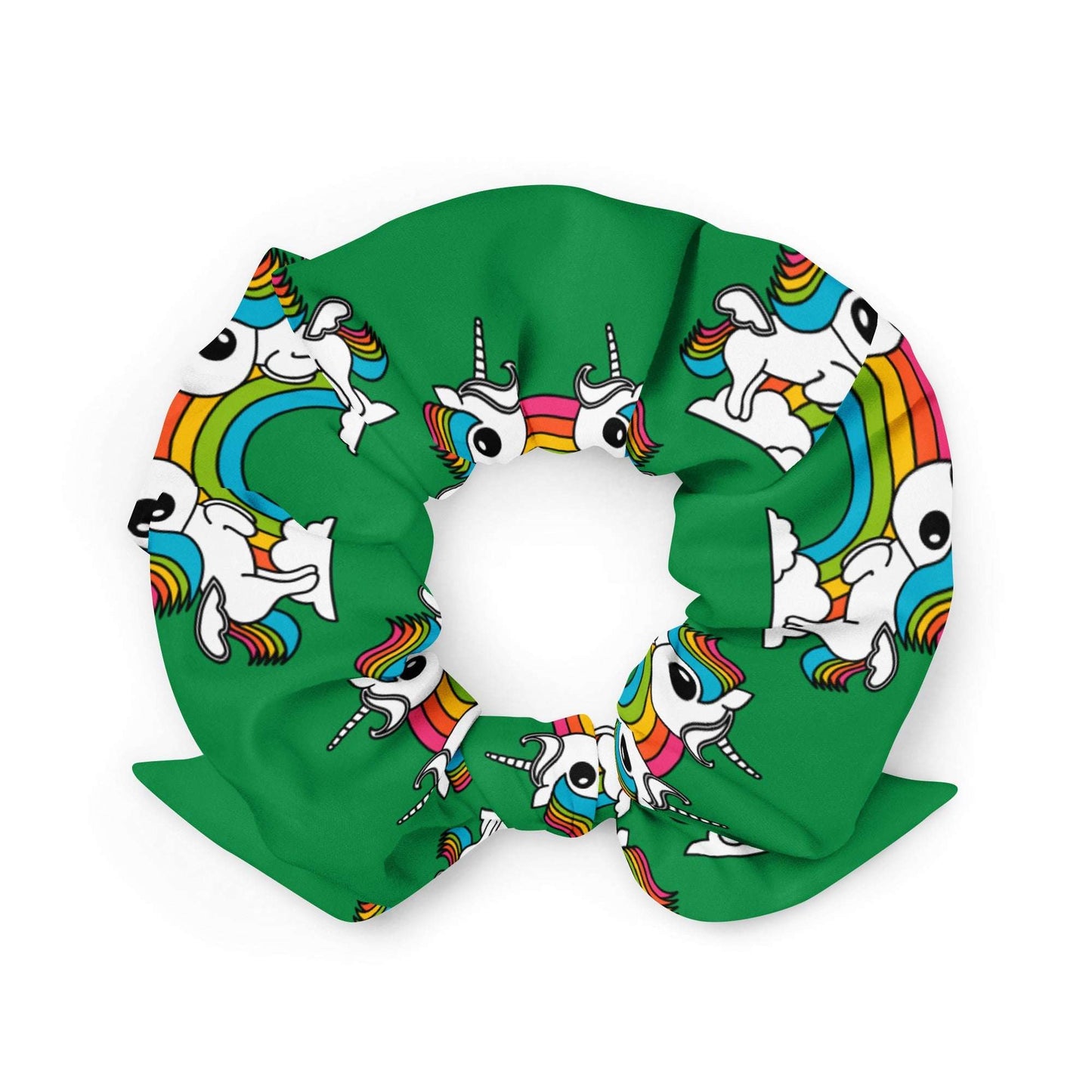 Scrunchie - UNIQUE green - Unicorns and rainbows print