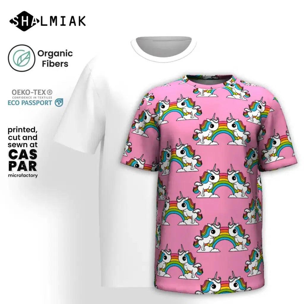 Organic cotton t-shirt - UNIQUE pink - Unicorns and rainbows print
